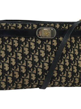 Christian Dior Trotter Canvas Shoulder Bag Navy Gold Auth 120603
